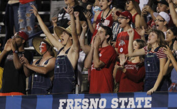 Students cheer at a Fresno State football game.